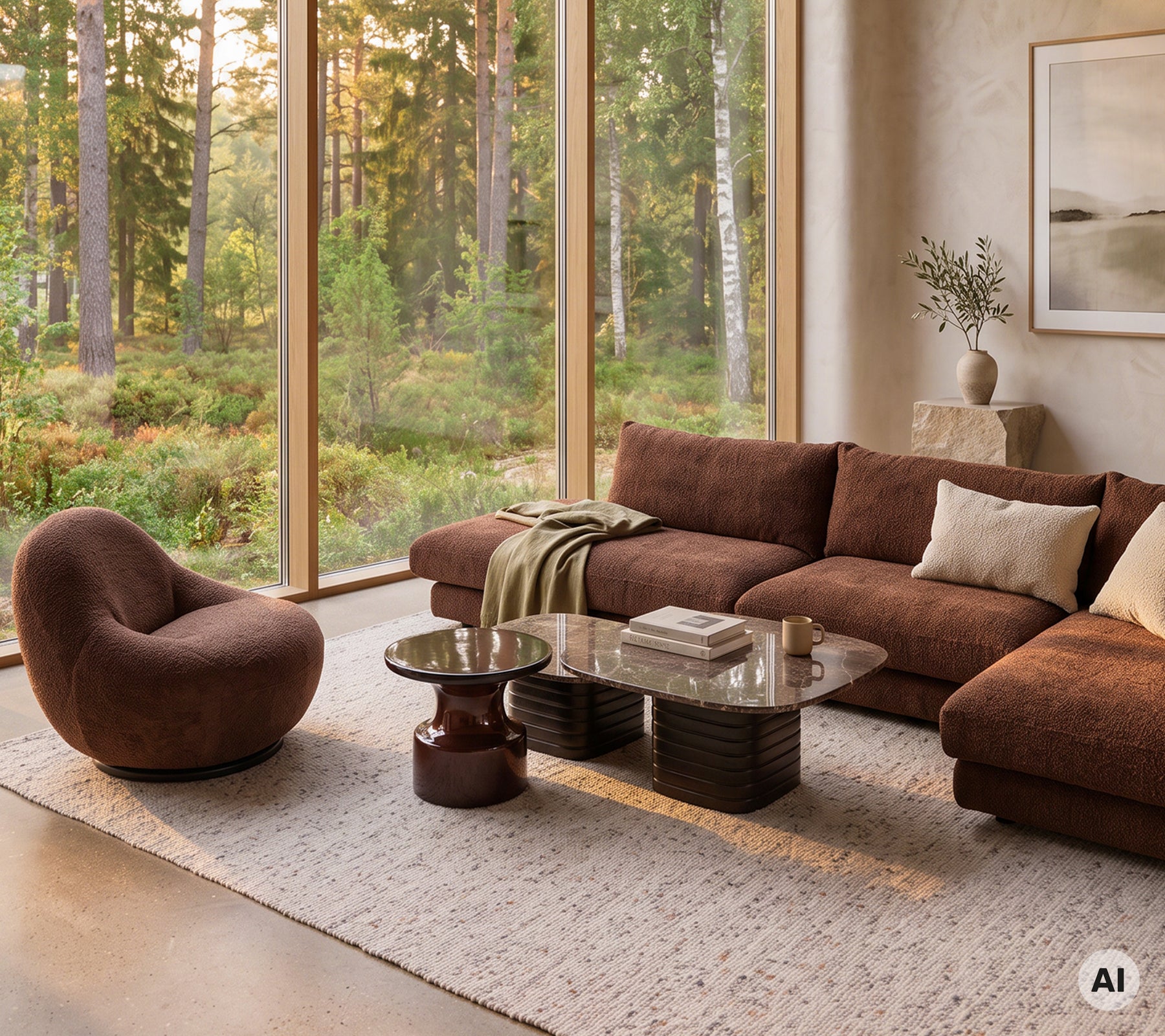Salon moderne avec un canapé marron, une chaise marron et une table basse en verre.