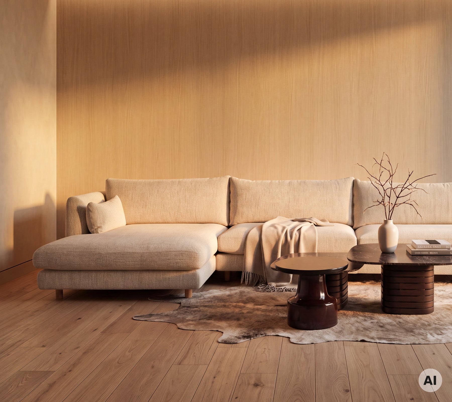 Salon moderne avec un module de canapé de couleur claire et une table basse en bois ronde.