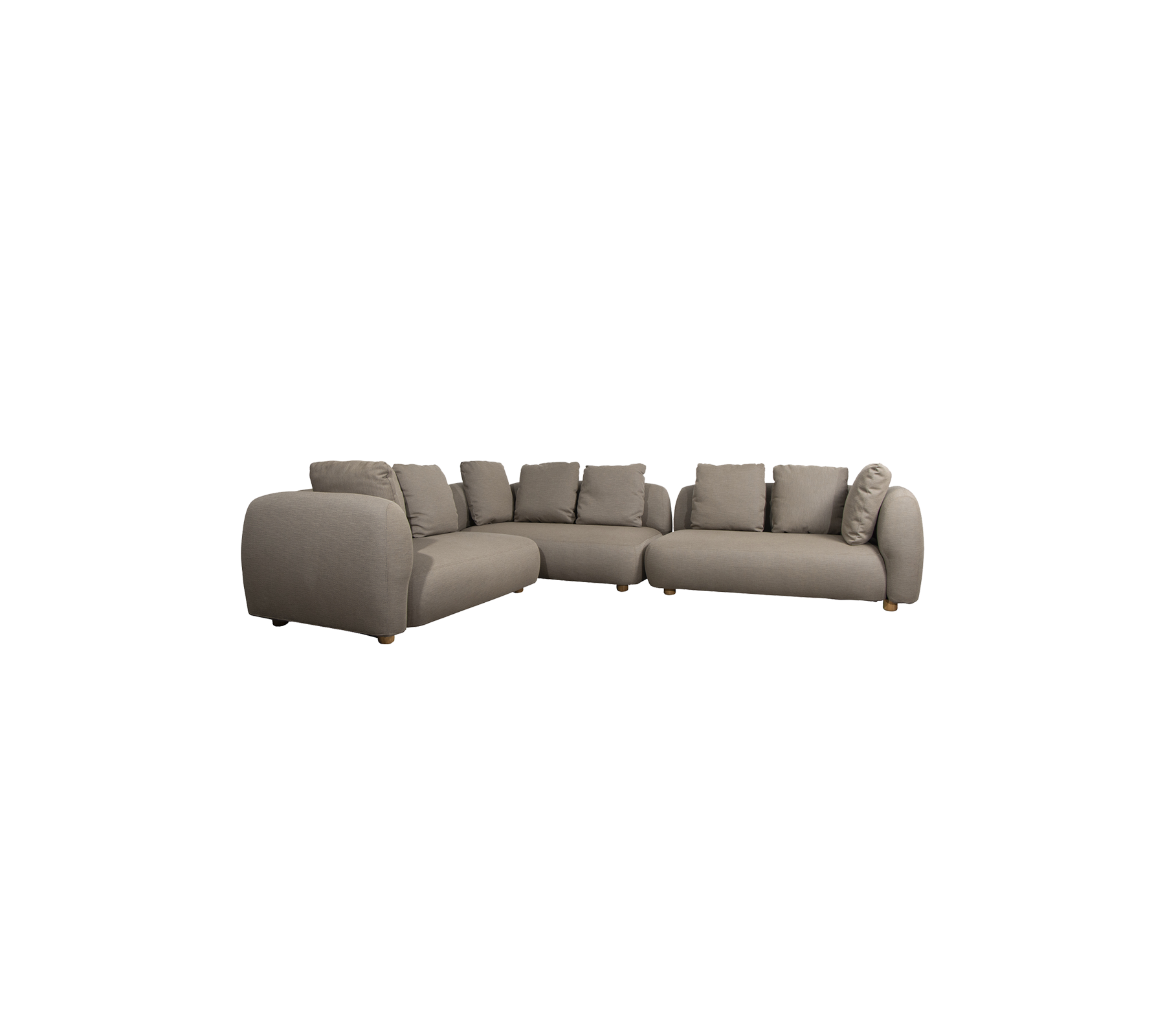 Un canapé sectionnel moderne en tissu gris atténué avec des coussins moelleux et des pieds en bois, conçu pour le confort et le style.