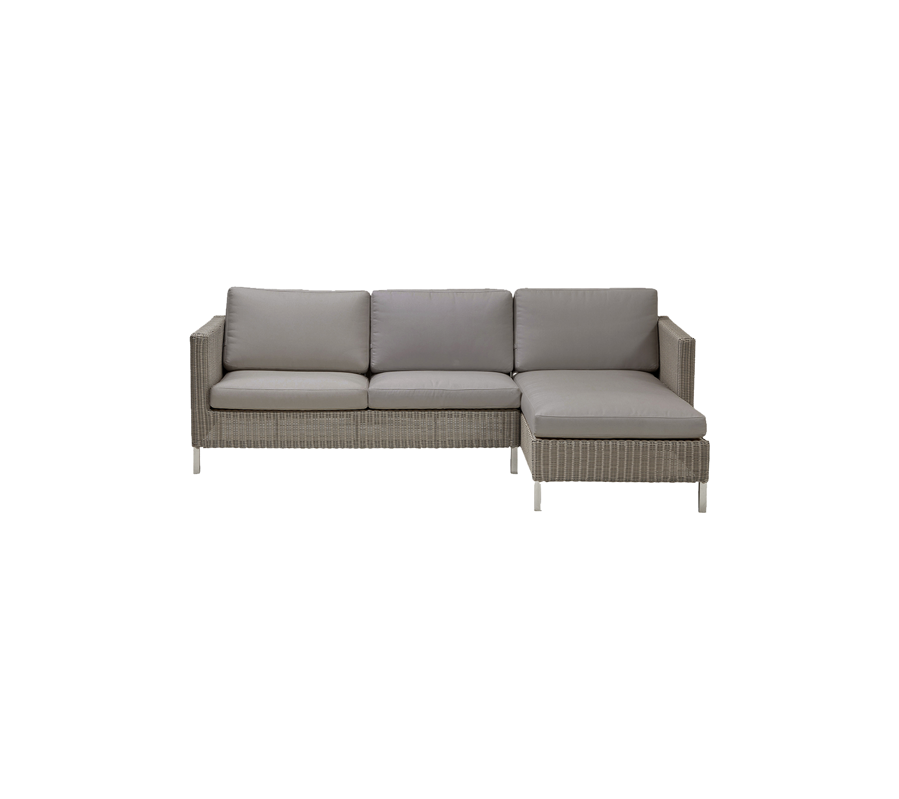 Canapé sectionnel moderne de couleur gris clair avec des coussins confortables, au design élégant et à la texture tissée.