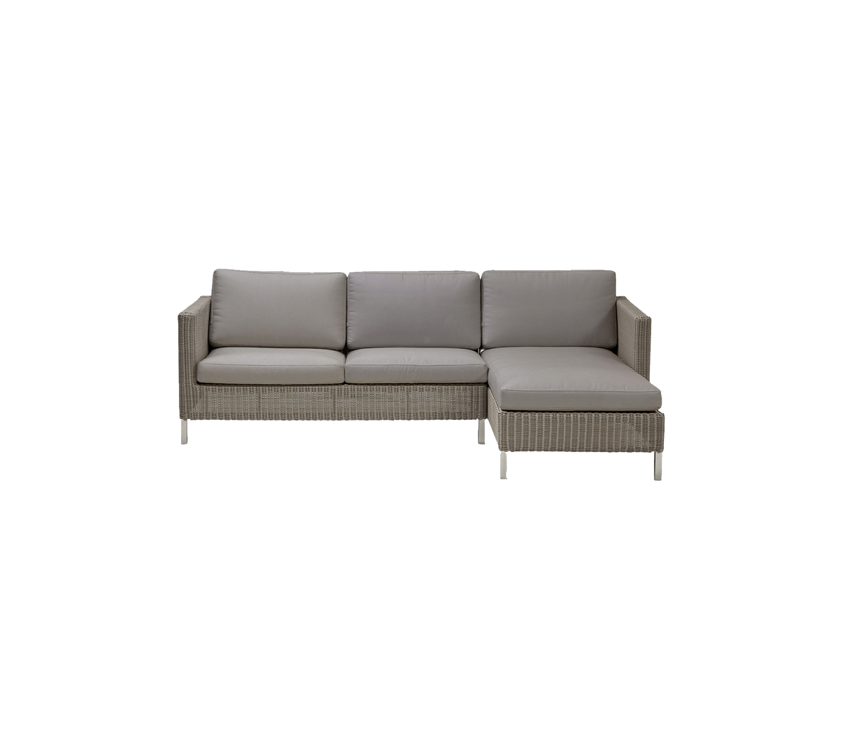 Canapé sectionnel moderne de couleur gris clair avec des coussins confortables, au design élégant et à la texture tissée.
