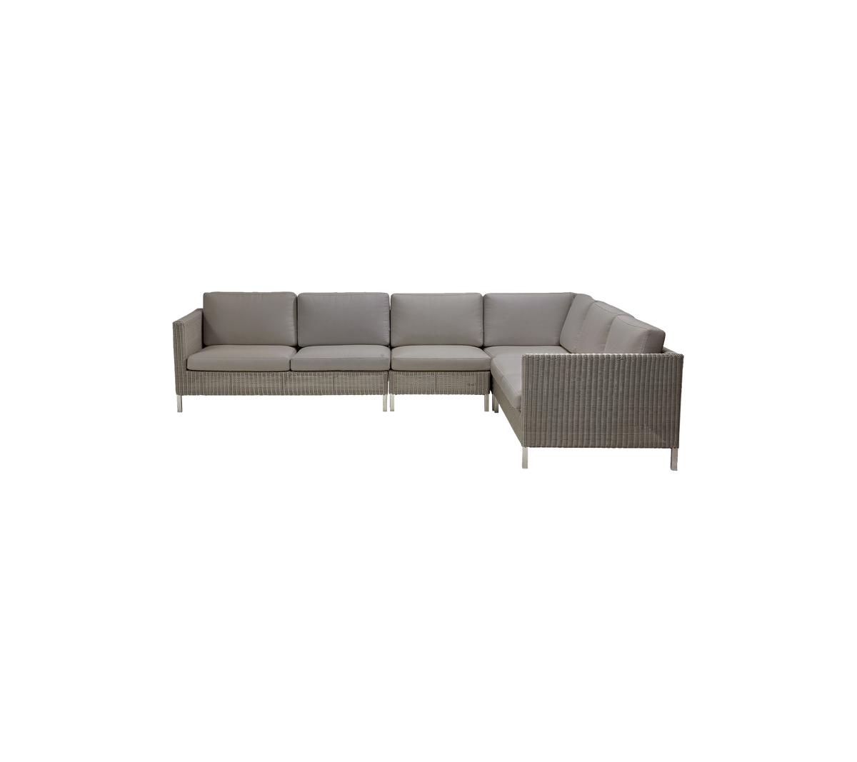 Canapé sectionnel moderne avec des coussins moelleux en tissu gris doux et une base tissée, parfait pour des arrangements de sièges élégants.