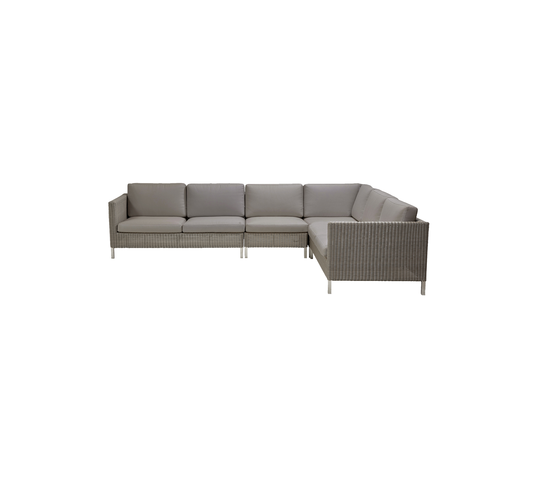 Canapé sectionnel moderne avec des coussins moelleux en tissu gris doux et une base tissée, parfait pour des arrangements de sièges élégants.