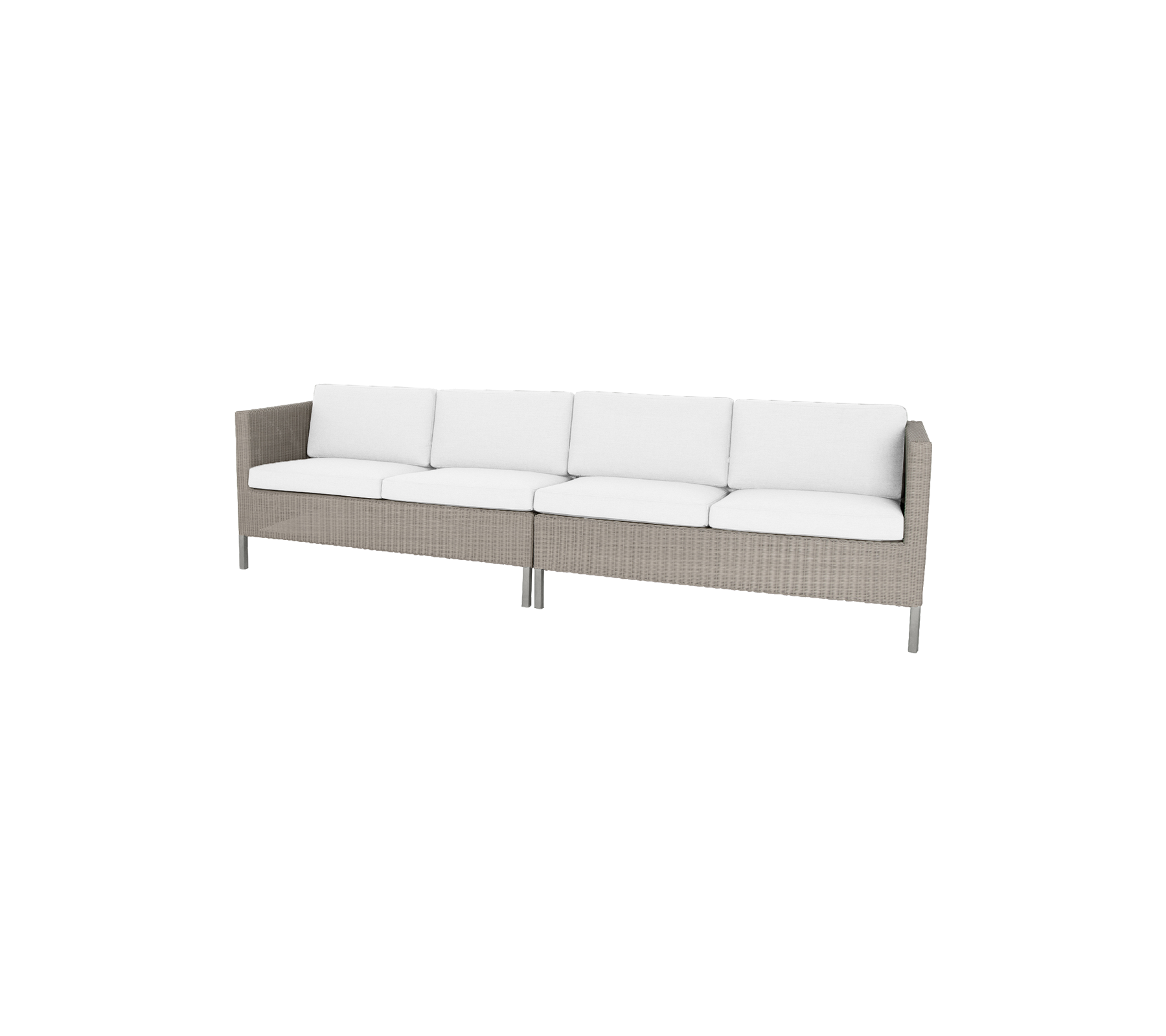 Canapé élégant avec une base tissée et des coussins blancs en peluche, parfait pour embellir n'importe quel espace de repas.