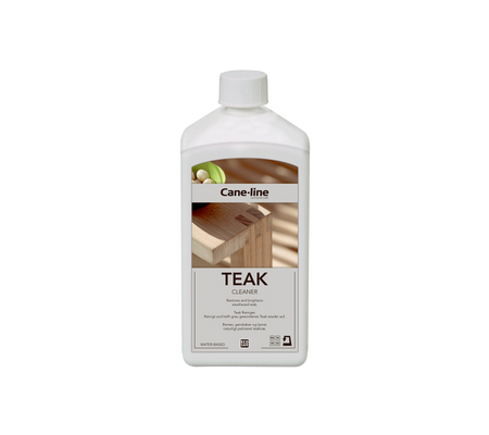 Bouteille d'huile de teck pour l'entretien du bois, avec une étiquette contenant des informations sur le produit et des instructions d'utilisation.