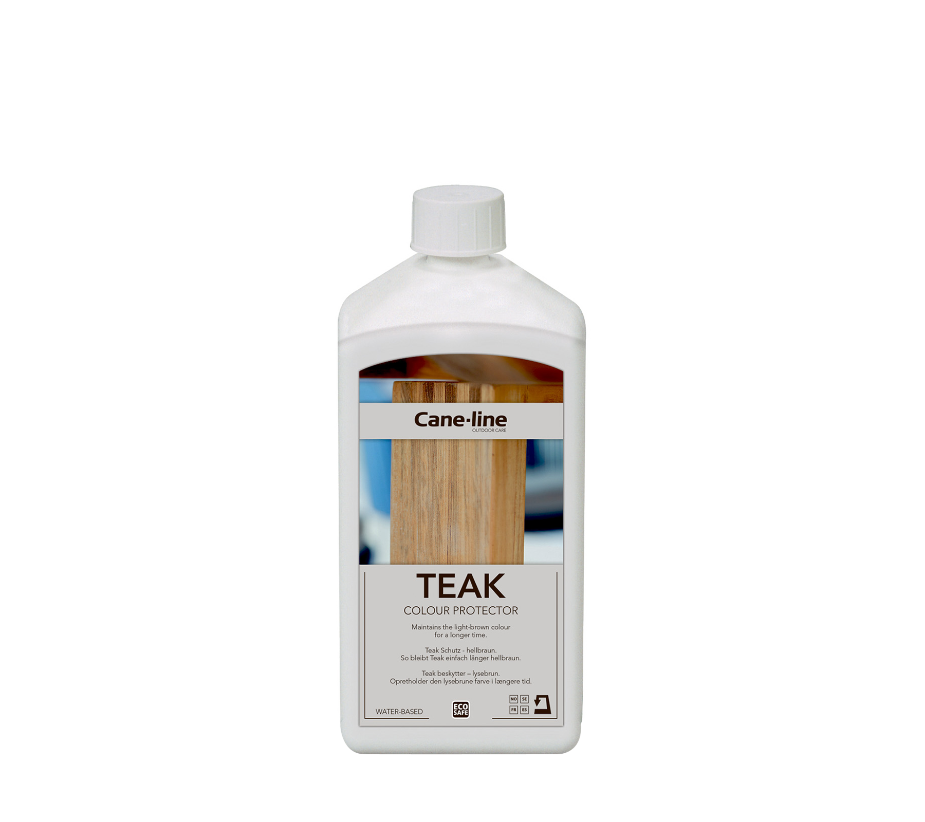Conteneur de protecteur de couleur teck par Cane-line, conçu pour entretenir et rehausser l'apparence des surfaces en bois de teck.