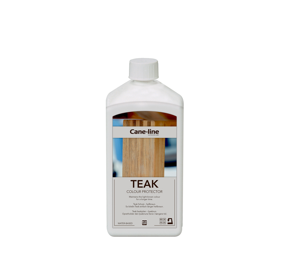 Conteneur de protecteur de couleur teck par Cane-line, conçu pour entretenir et rehausser l'apparence des surfaces en bois de teck.
