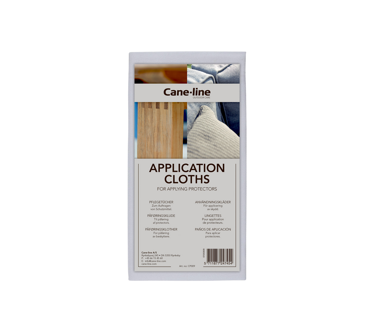 Chiffons d'application Cane-line pour la protection de surface, avec des instructions et des détails d'utilisation sur l'emballage.