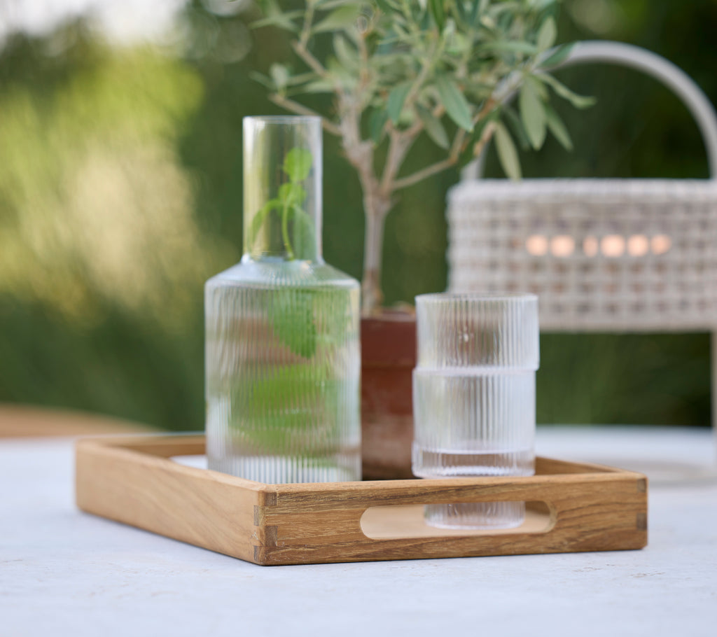 Carafe en verre et tumbler sur un plateau en bois avec de la verdure dans un environnement moderne.