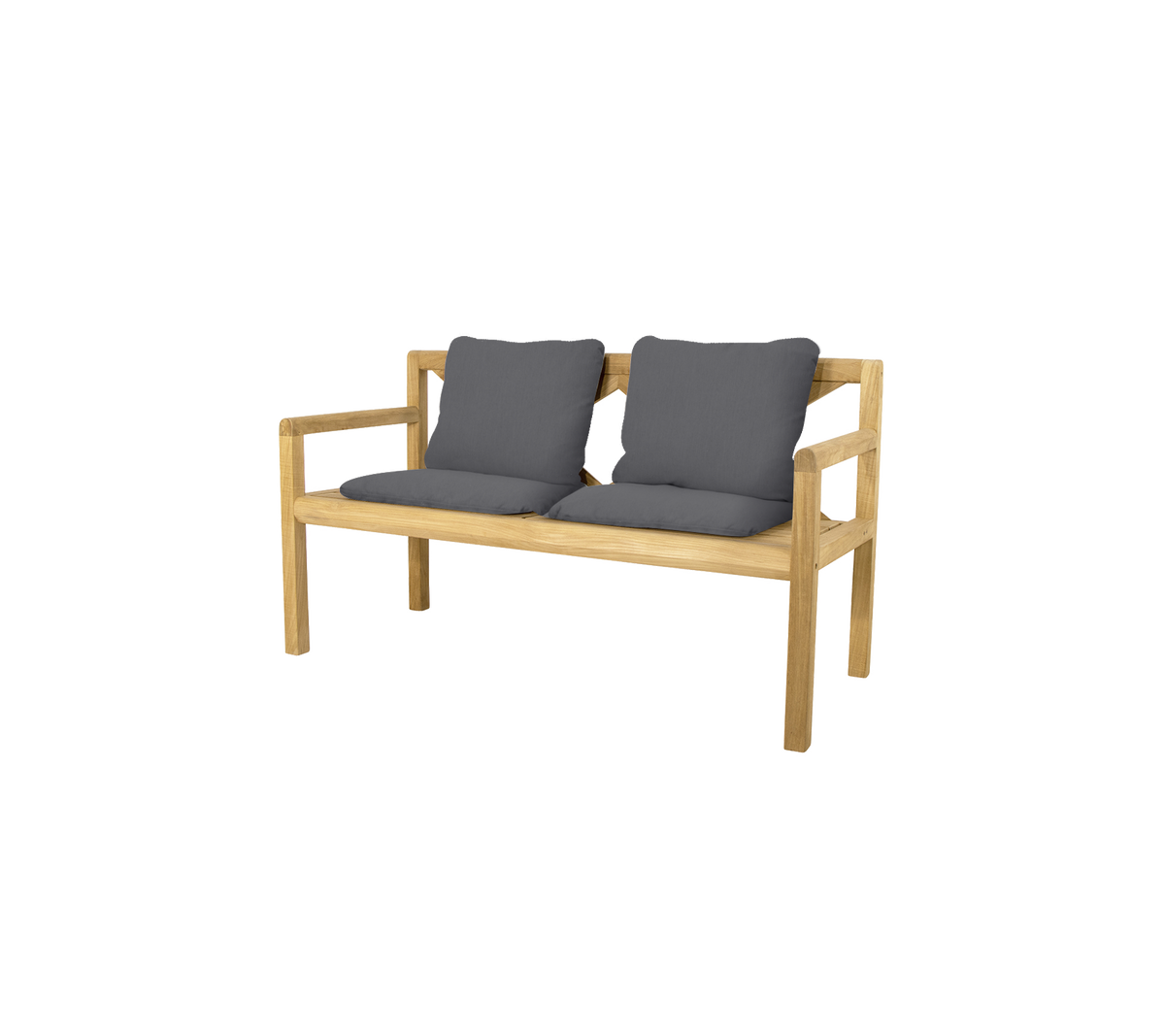 Banc élégant pour deux personnes avec un cadre en bois naturel et de doux coussins gris pour le confort. Parfait pour se détendre ou socialiser.