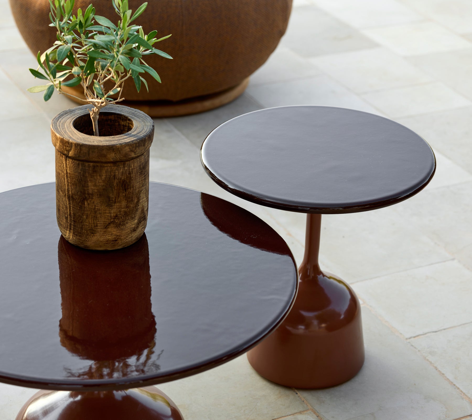 Deux tables brunes modernes avec une plante en pot dans un cadre lounge élégant.