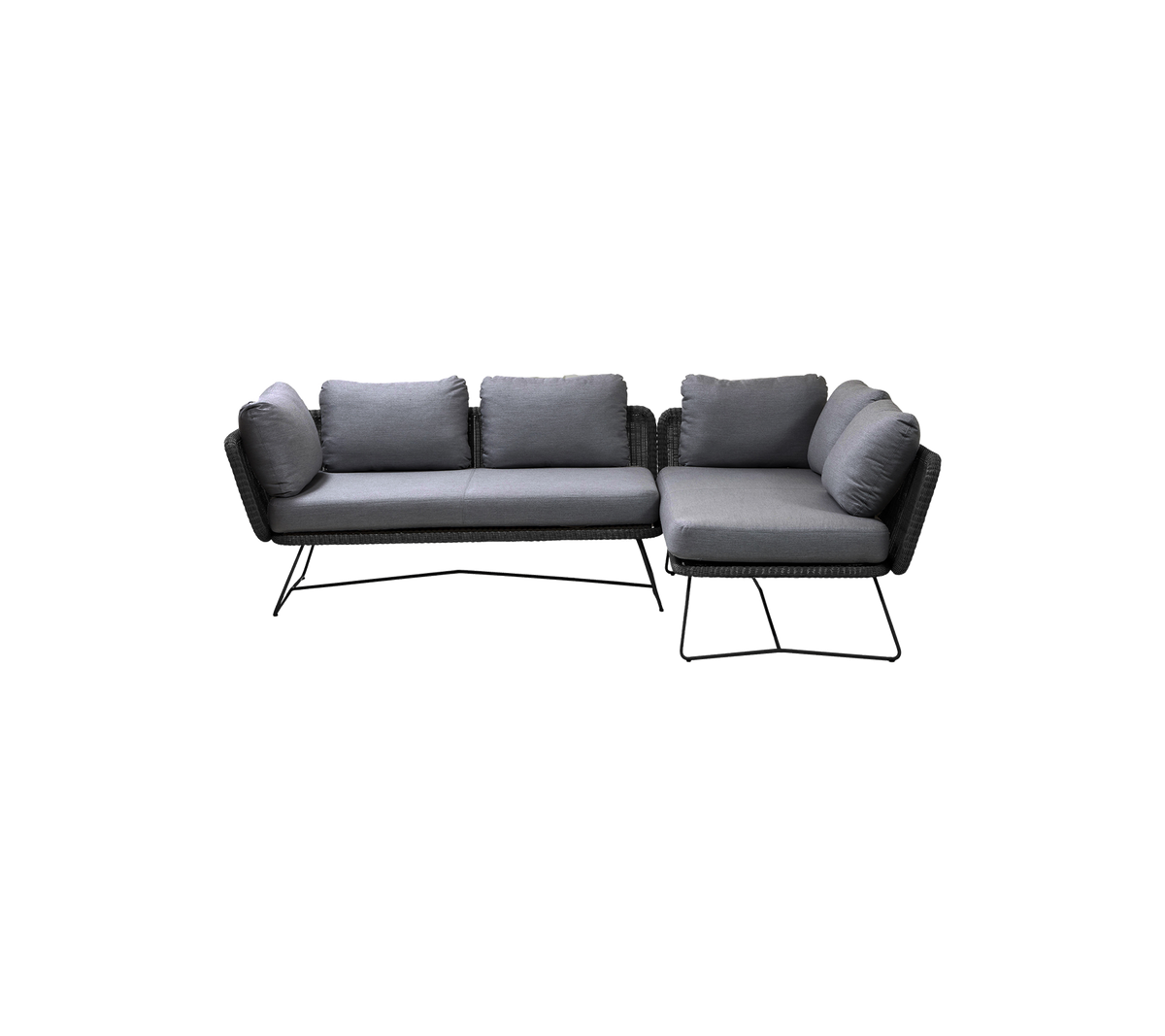 Canapé d'angle à cadres noirs élégants avec des coussins gris en peluche, doté d'un design moderne adapté à divers espaces.