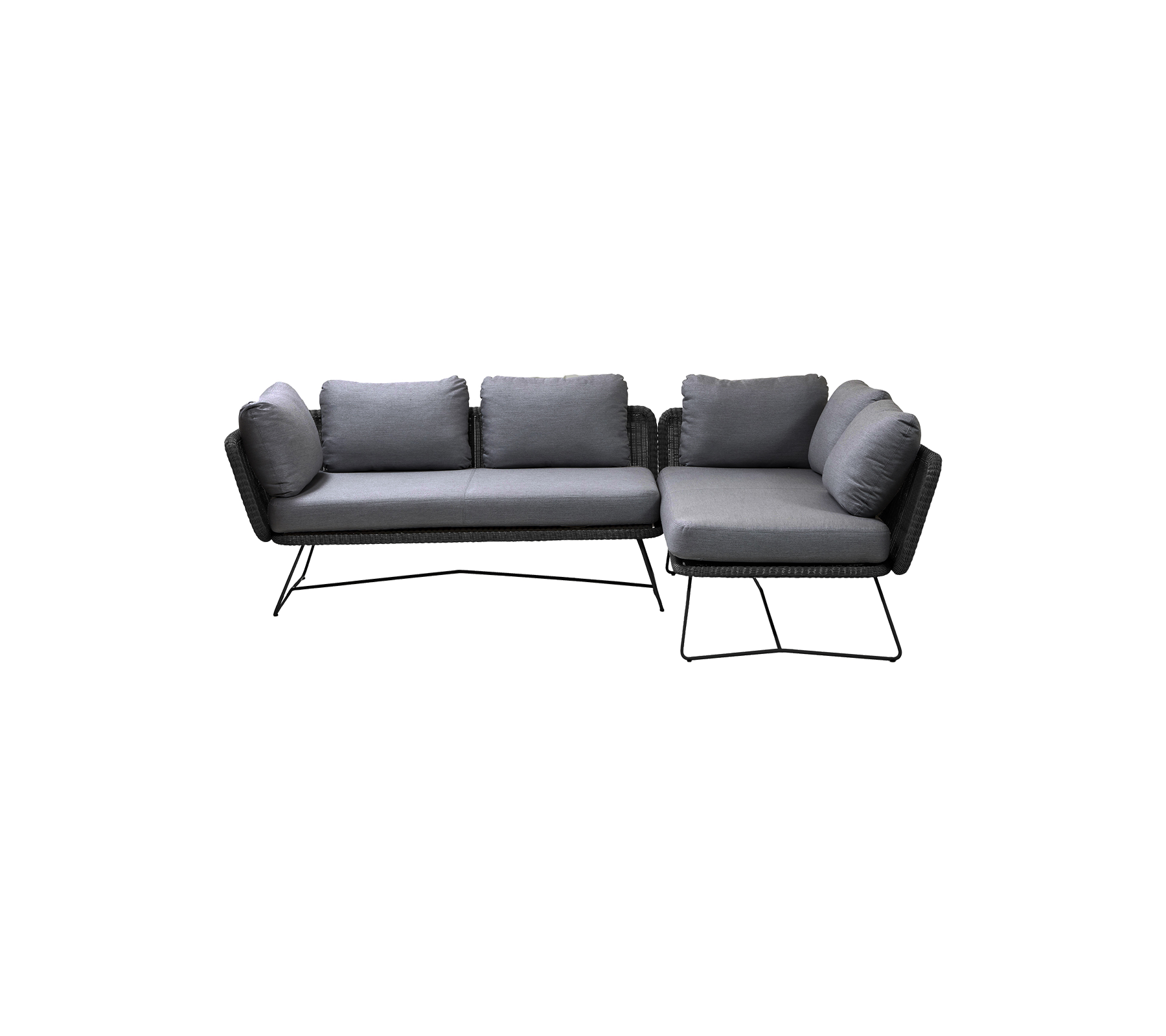 Canapé d'angle à cadres noirs élégants avec des coussins gris en peluche, doté d'un design moderne adapté à divers espaces.