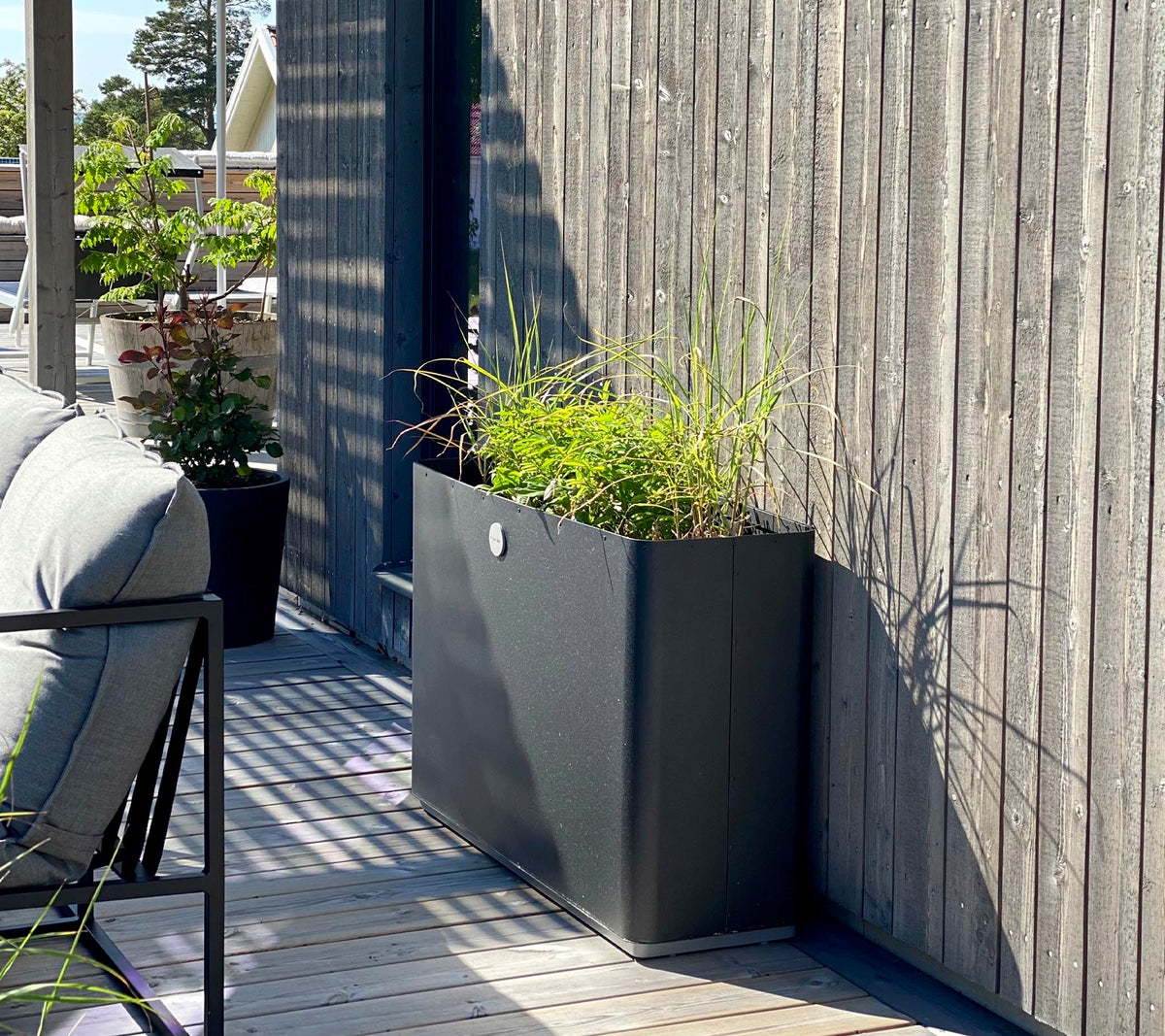 Un pot de fleurs moderne et épuré avec un feuillage vibrant est placé contre un mur en bois texturé, complétant l'espace environnant.