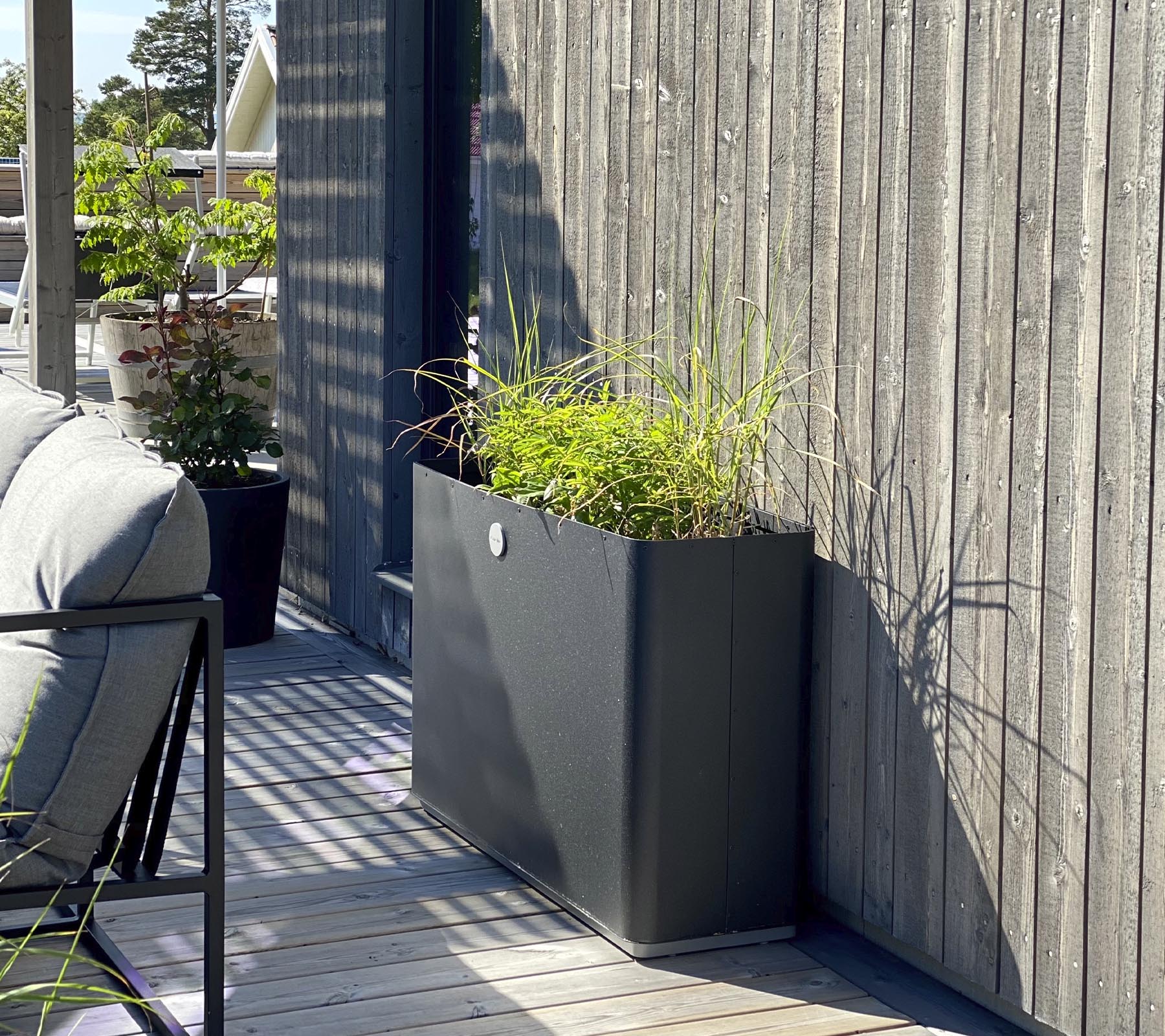 Un pot de fleurs moderne et épuré avec un feuillage vibrant est placé contre un mur en bois texturé, complétant l'espace environnant.