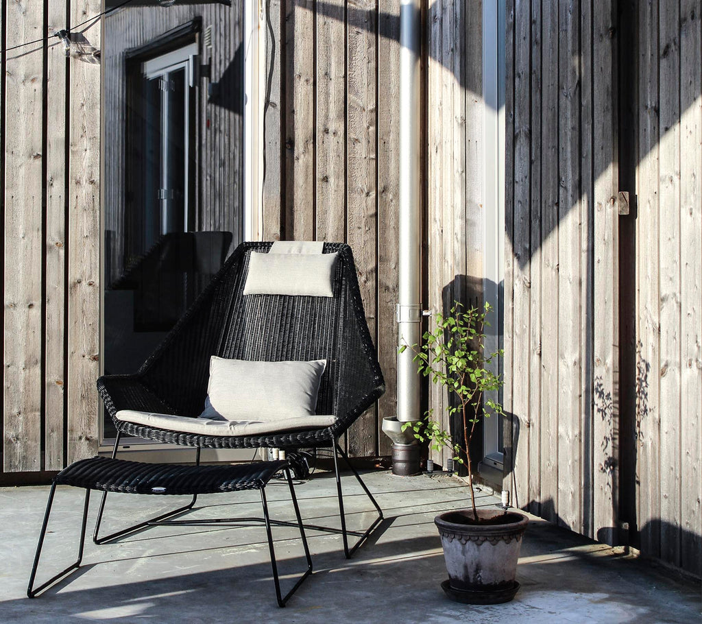 Une chaise noire élégante avec un coussin, positionnée à côté d'une petite plante en pot sur un fond en bois.