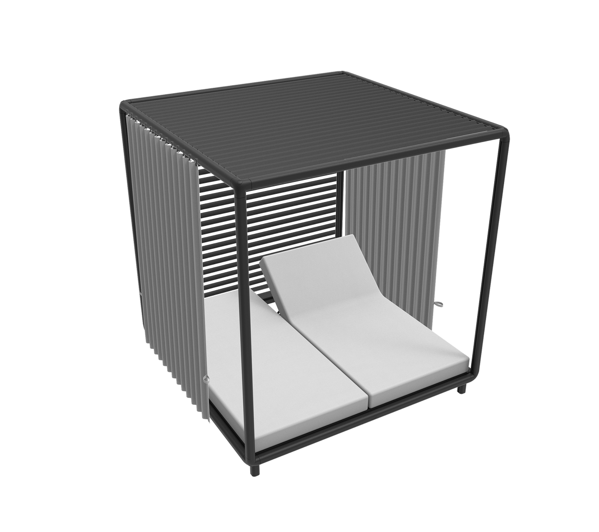 Cabane élégante au design moderne avec deux chaises longues rembourrées et des lattes verticales épurées pour un look contemporain.
