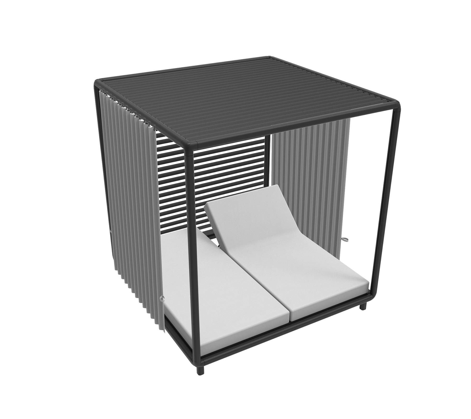 Cabane élégante au design moderne avec deux chaises longues rembourrées et des lattes verticales épurées pour un look contemporain.