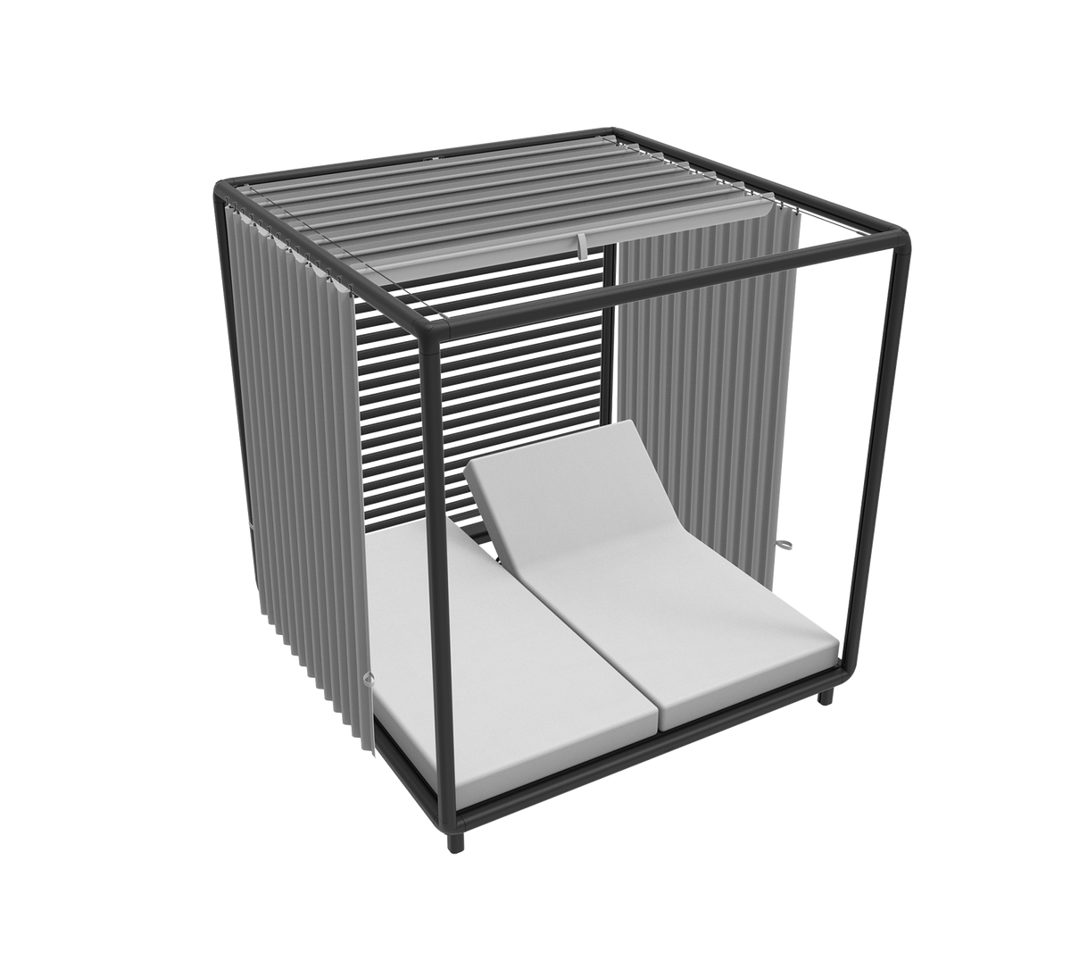 Cabane élégante avec un cadre épuré et deux sièges lounge confortables, idéaux pour la détente et le bronzage.