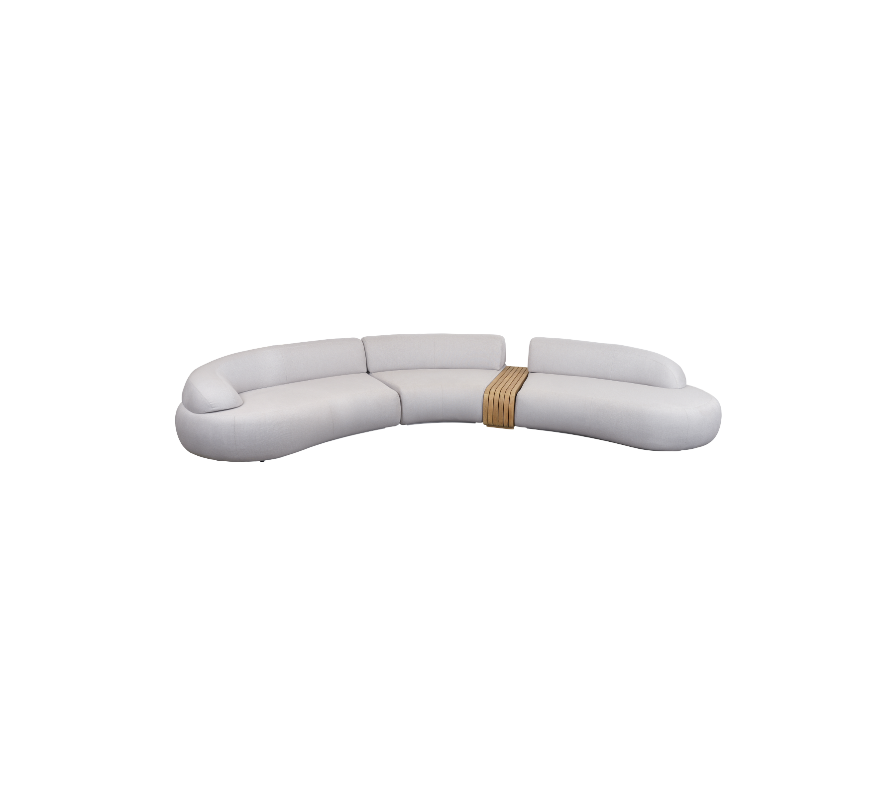 Canapé courbé élégant avec un design épuré, un rembourrage doux et un accent en bois pour un look moderne. Parfait pour les espaces de détente.