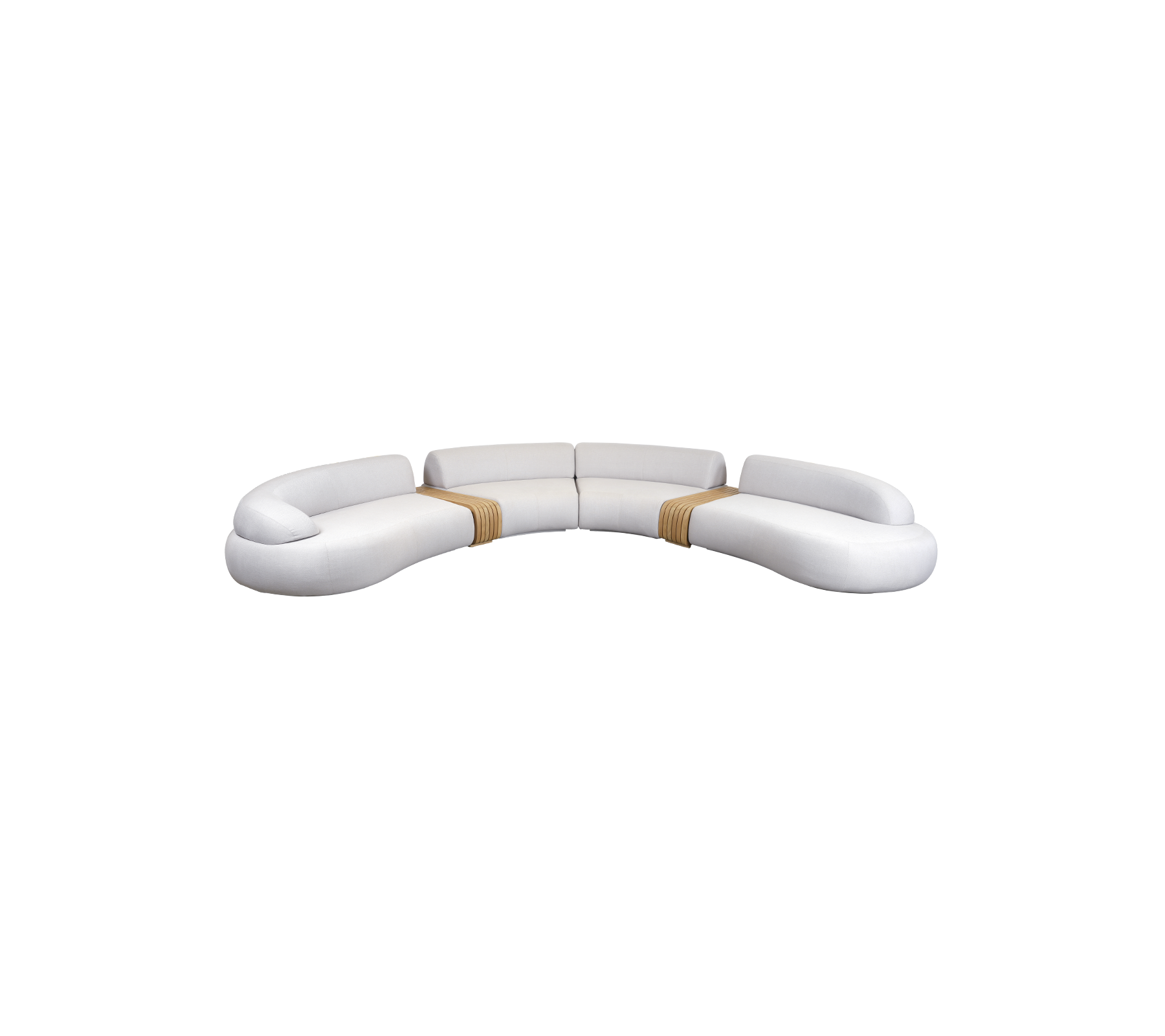 Canapé blanc incurvé aux lignes douces et aux accents en bois, conçu pour le confort et l'esthétique moderne. Idéal pour n'importe quel espace de vie.