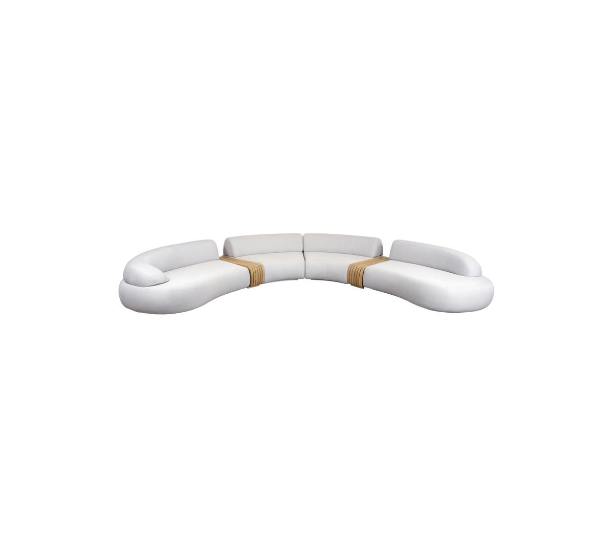 Canapé blanc incurvé aux lignes douces et aux accents en bois, conçu pour le confort et l'esthétique moderne. Idéal pour n'importe quel espace de vie.