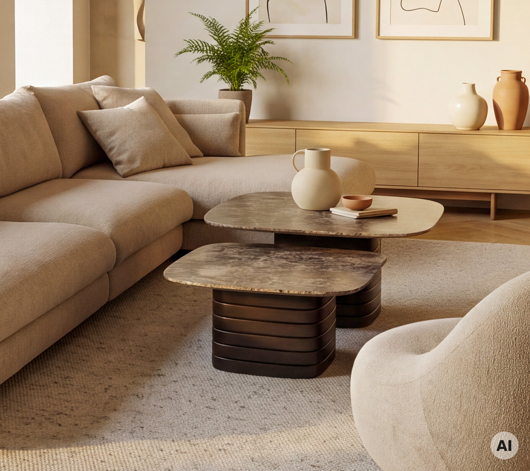 Canapé beige avec une table basse marron et un vase blanc dans un décor de salon moderne.