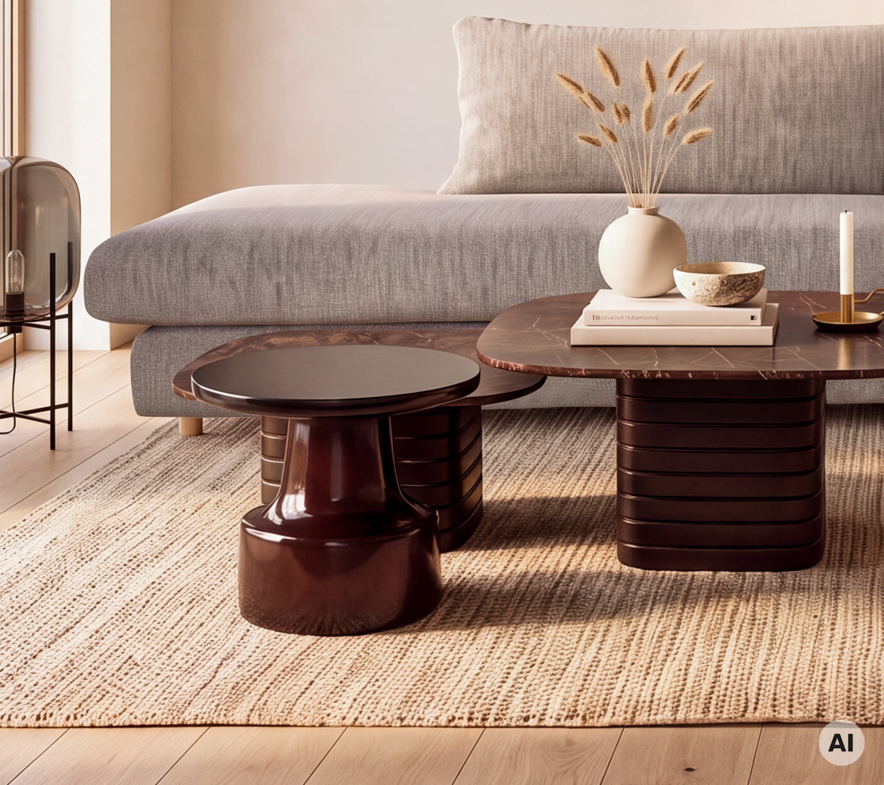 Canapé gris avec table basse brune et table d'appoint noire dans un cadre de salon moderne.