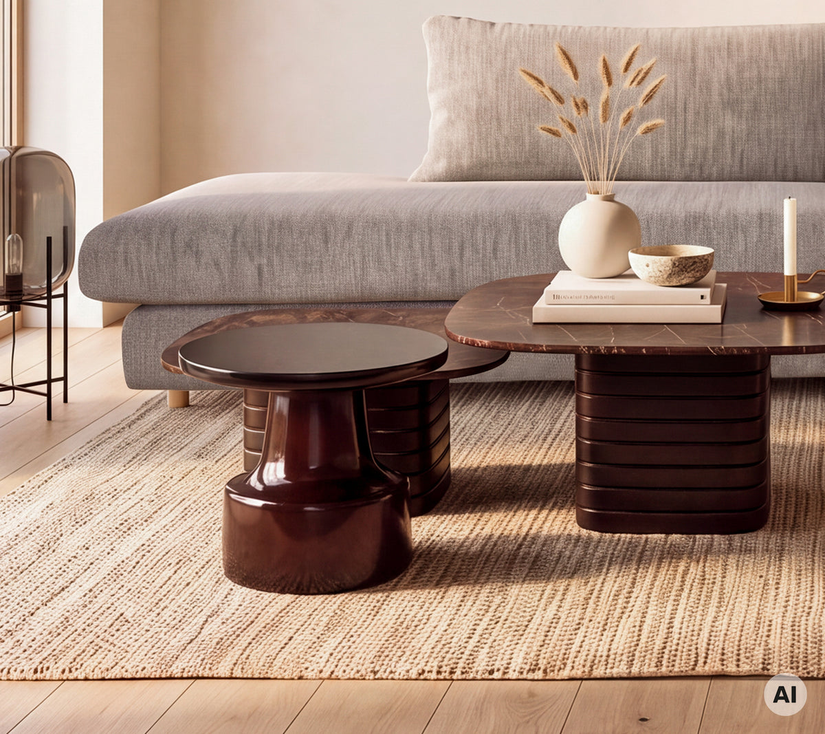 Canapé gris avec table basse brune et table d'appoint noire dans un cadre de salon moderne.