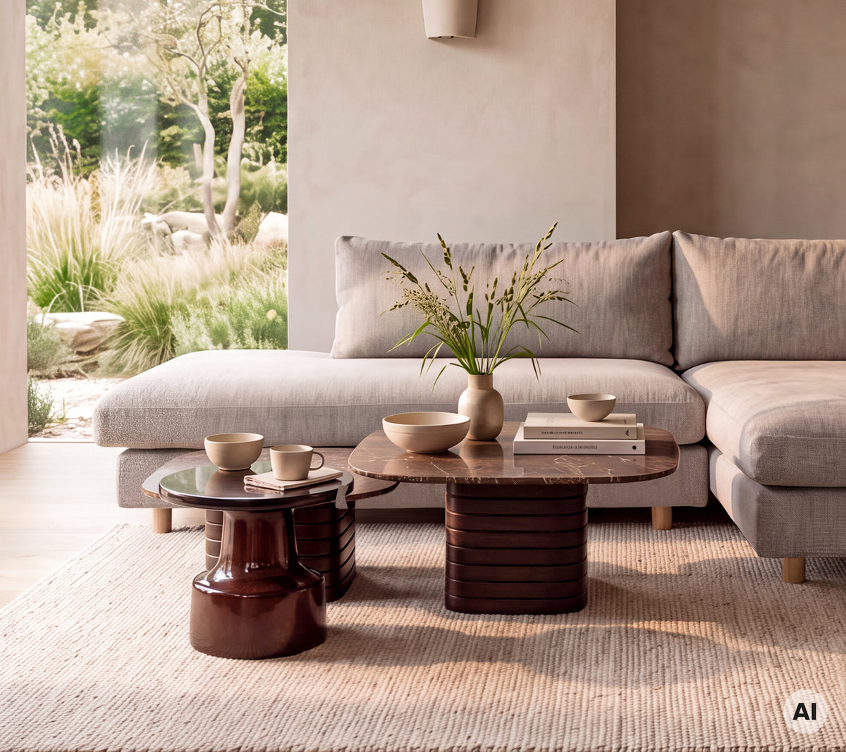 Salon moderne avec un canapé gris, une table brune et un tapis beige.