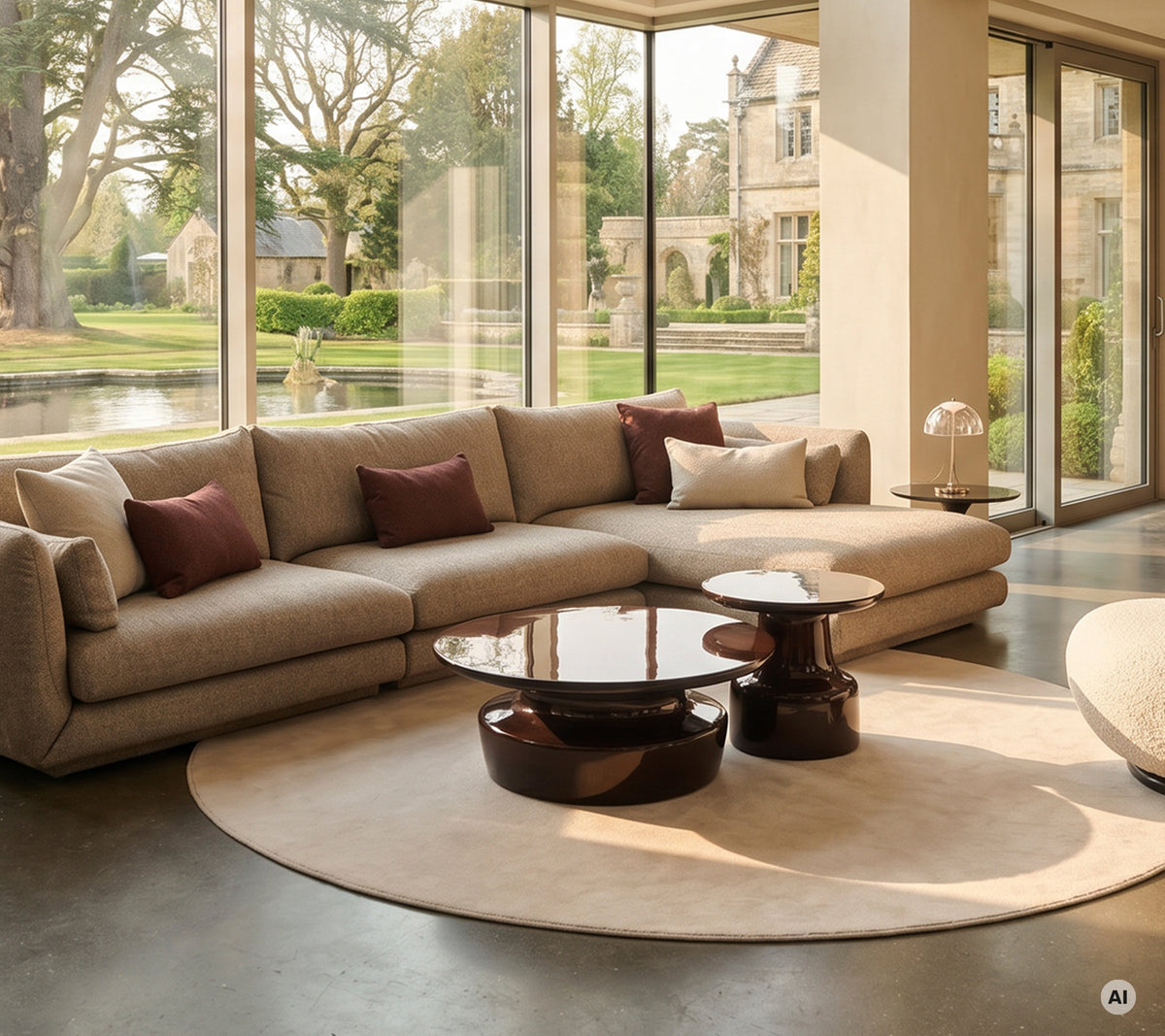 Salon moderne avec canapé sectionnel beige, table basse marron et tapis crème.