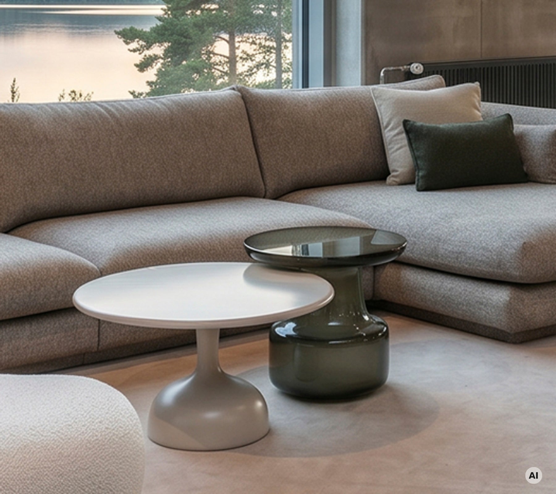 Salon moderne avec un sofa gris et des tables blanches et vertes.