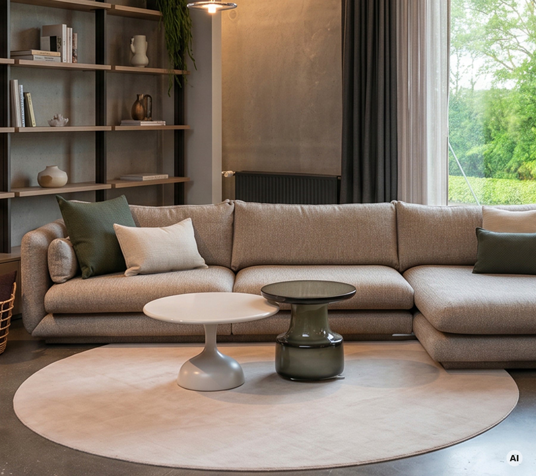Salon moderne avec canapé beige, table blanche et coussin vert.
