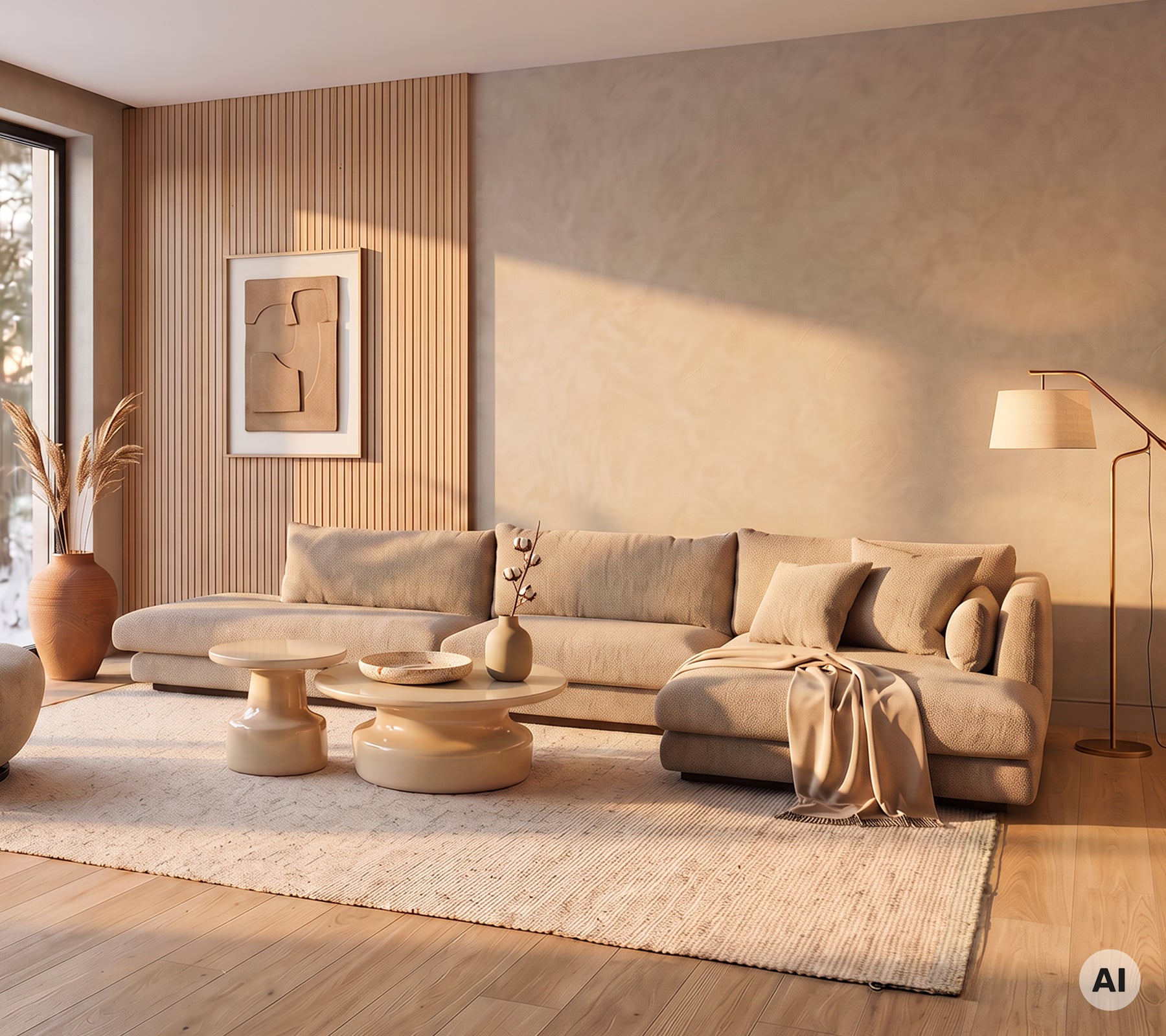 Salon moderne avec un canapé beige, une table basse ronde et un tapis doux.