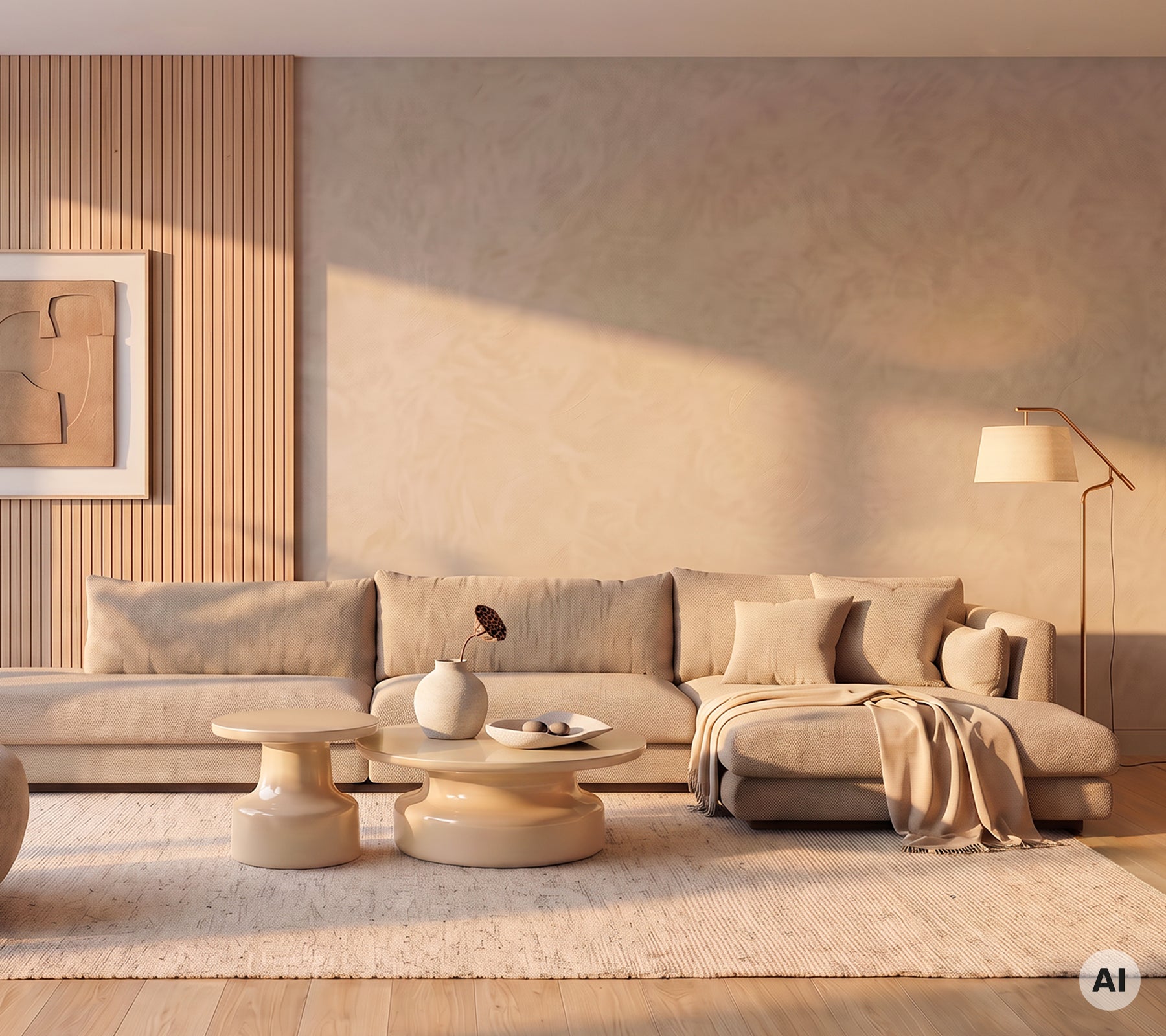 Salon moderne et minimaliste avec un module de canapé beige et une table basse ronde.