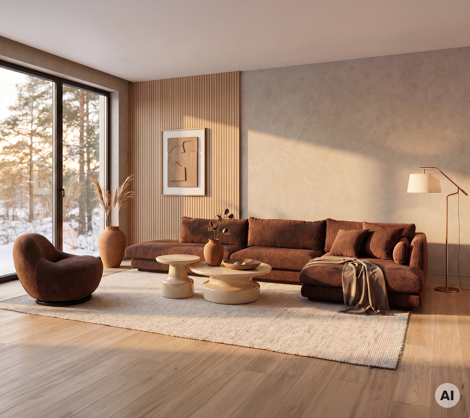 Canapé et fauteuil marron avec une table en bois clair dans un cadre de salon moderne.