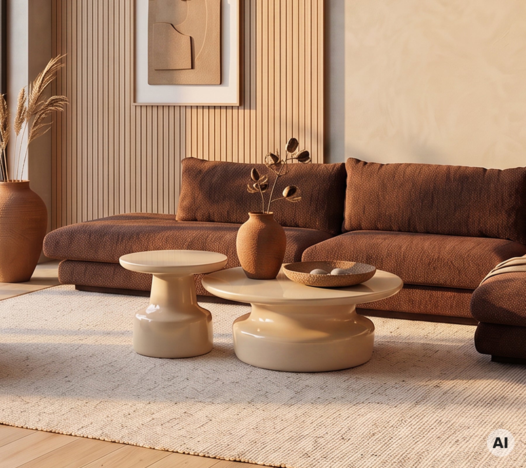 Salon moderne avec un canapé marron, des tables basses beiges et des vases décoratifs.