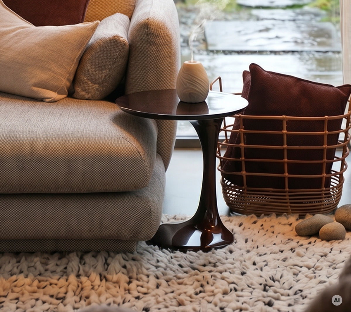 Salon moderne avec canapé gris, table d'appoint marron, coussin rouge et vase blanche.
