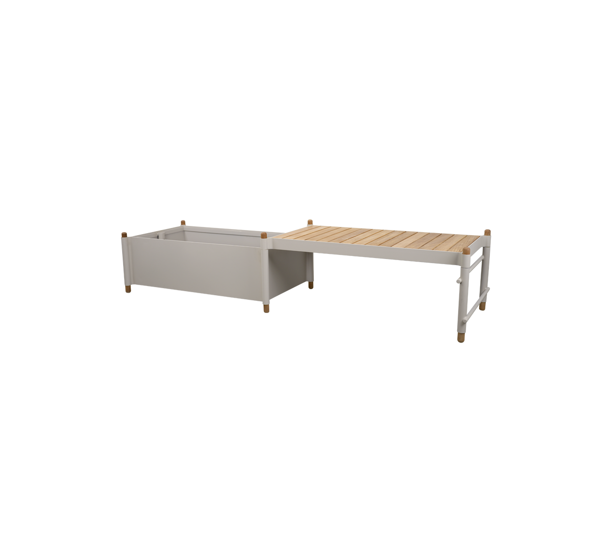Jardinière en bois avec un design rectangulaire comportant un conteneur gris clair et un dessus en bois à lattes pour la plantation.