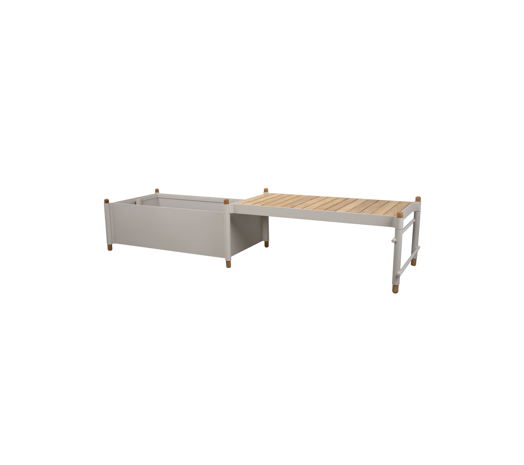 Jardinière en bois avec un design rectangulaire comportant un conteneur gris clair et un dessus en bois à lattes pour la plantation.