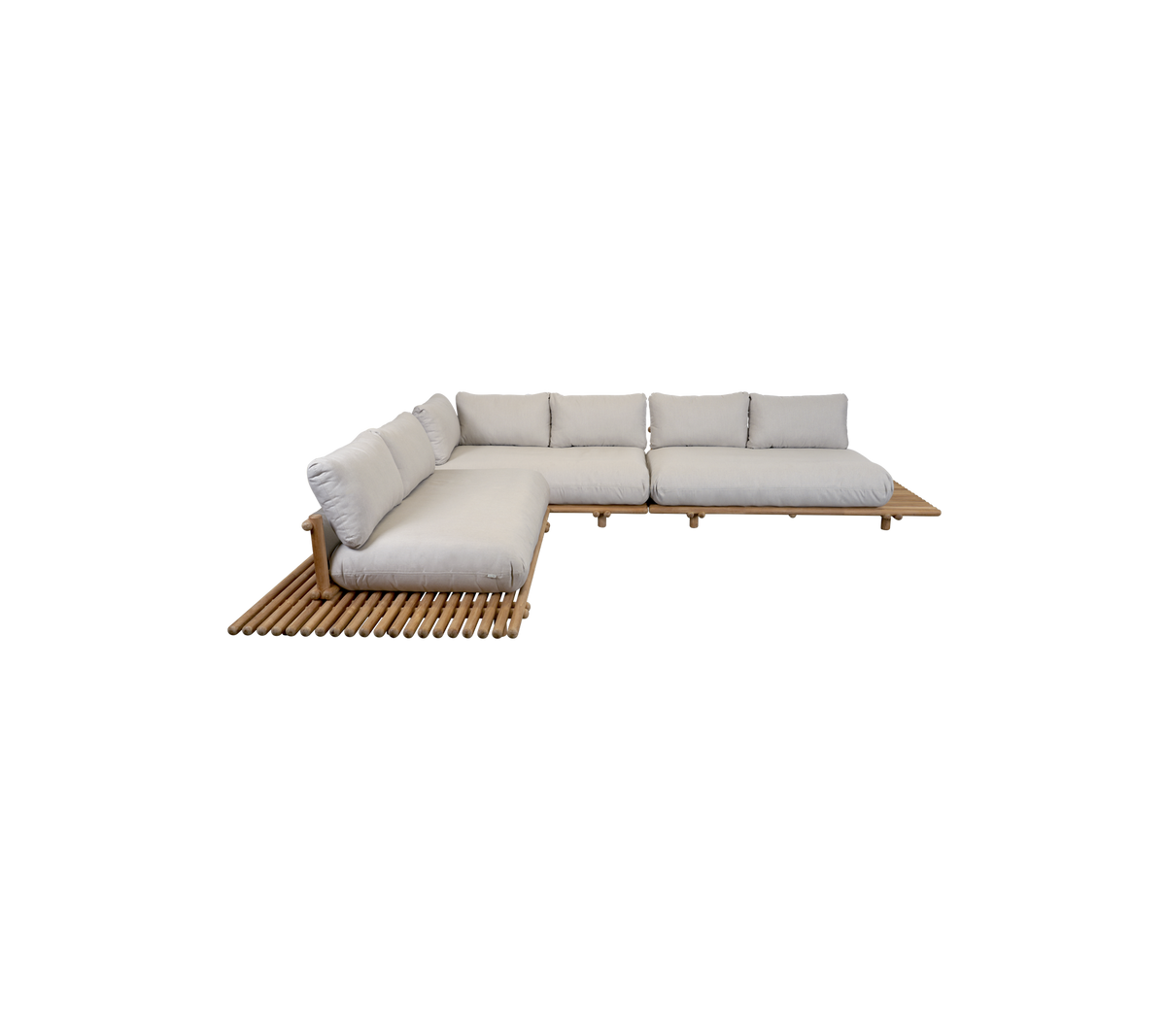 Canapé sectionnel en L avec des coussins moelleux et une base à lattes en bois, conçu pour le confort et le style.