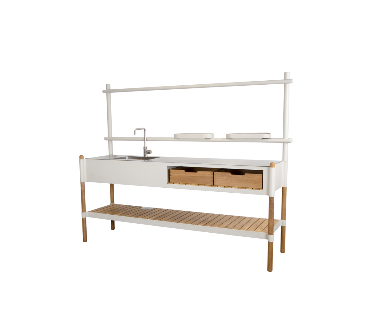 Unité de cuisine élégante avec un évier, deux tiroirs et une étagère ouverte pour le rangement, complétée par un design moderne.