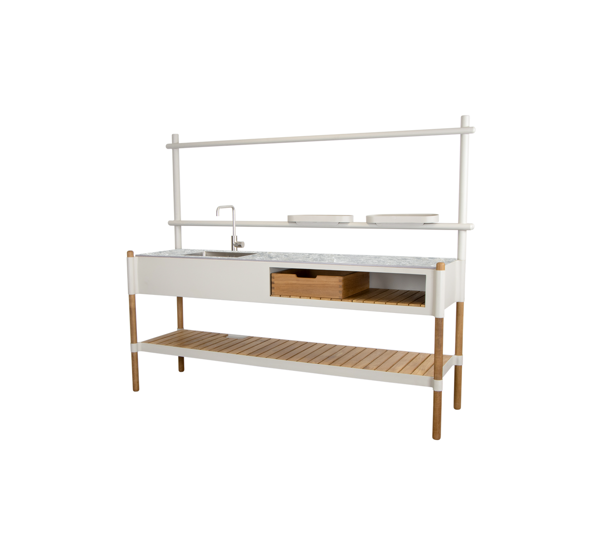 Unité de cuisine moderne avec un plan de travail en marbre, des tiroirs de rangement et une étagère ouverte soutenue par des pieds en bois.