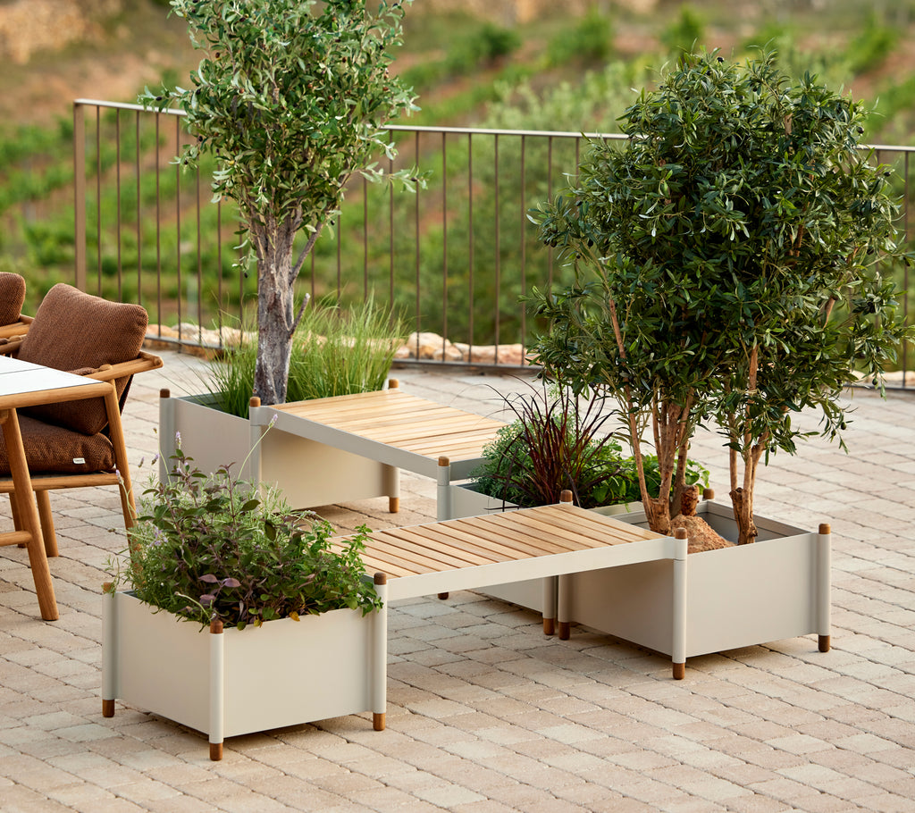 Un banc élégant avec deux jardinières, orné de verdure, qui améliore l'esthétique extérieure avec une touche naturelle.