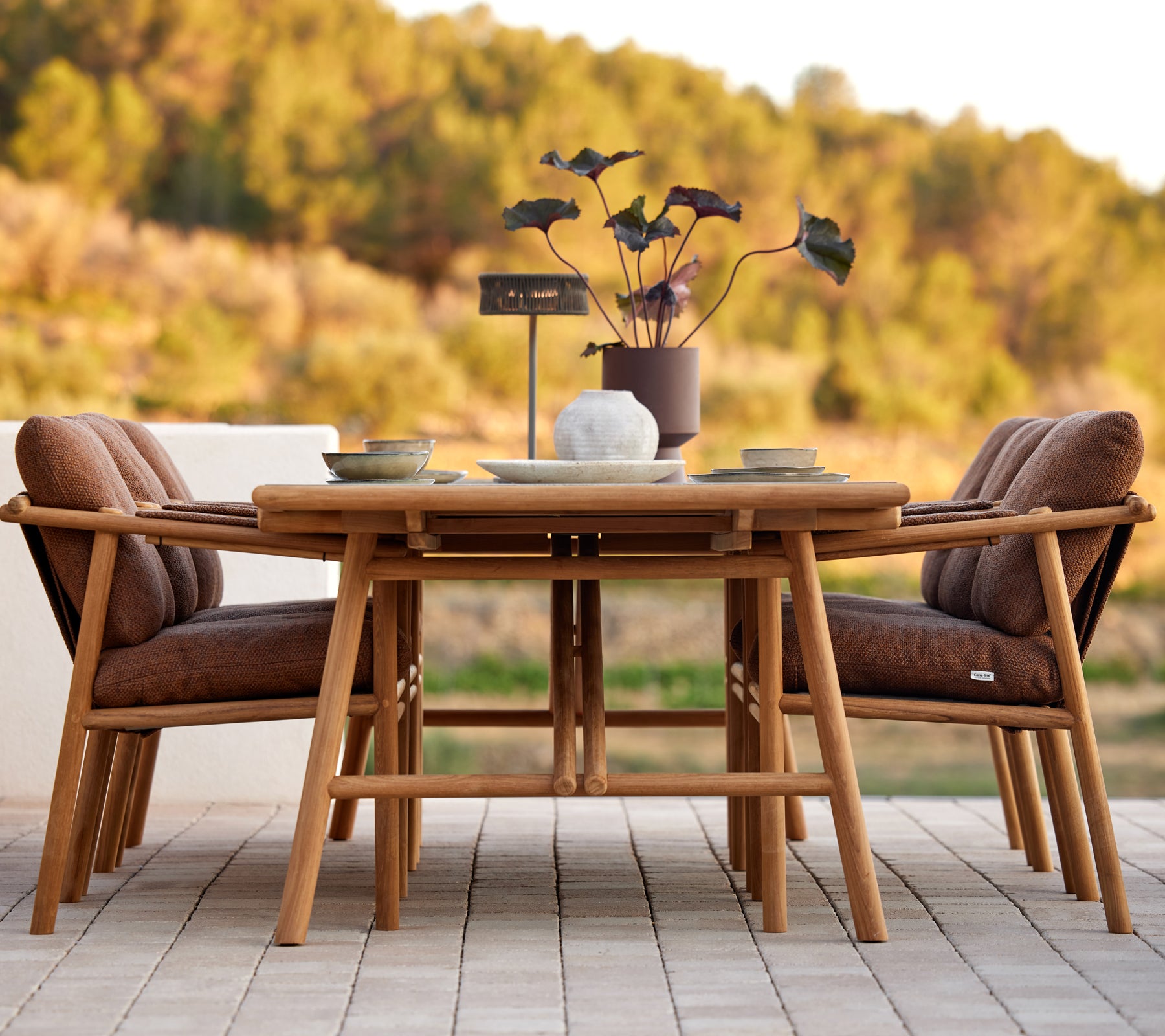 Ensemble de table à manger en teck avec des coussins élégants, entouré d'un centre de plantes décoratives, parfait pour les rassemblements.