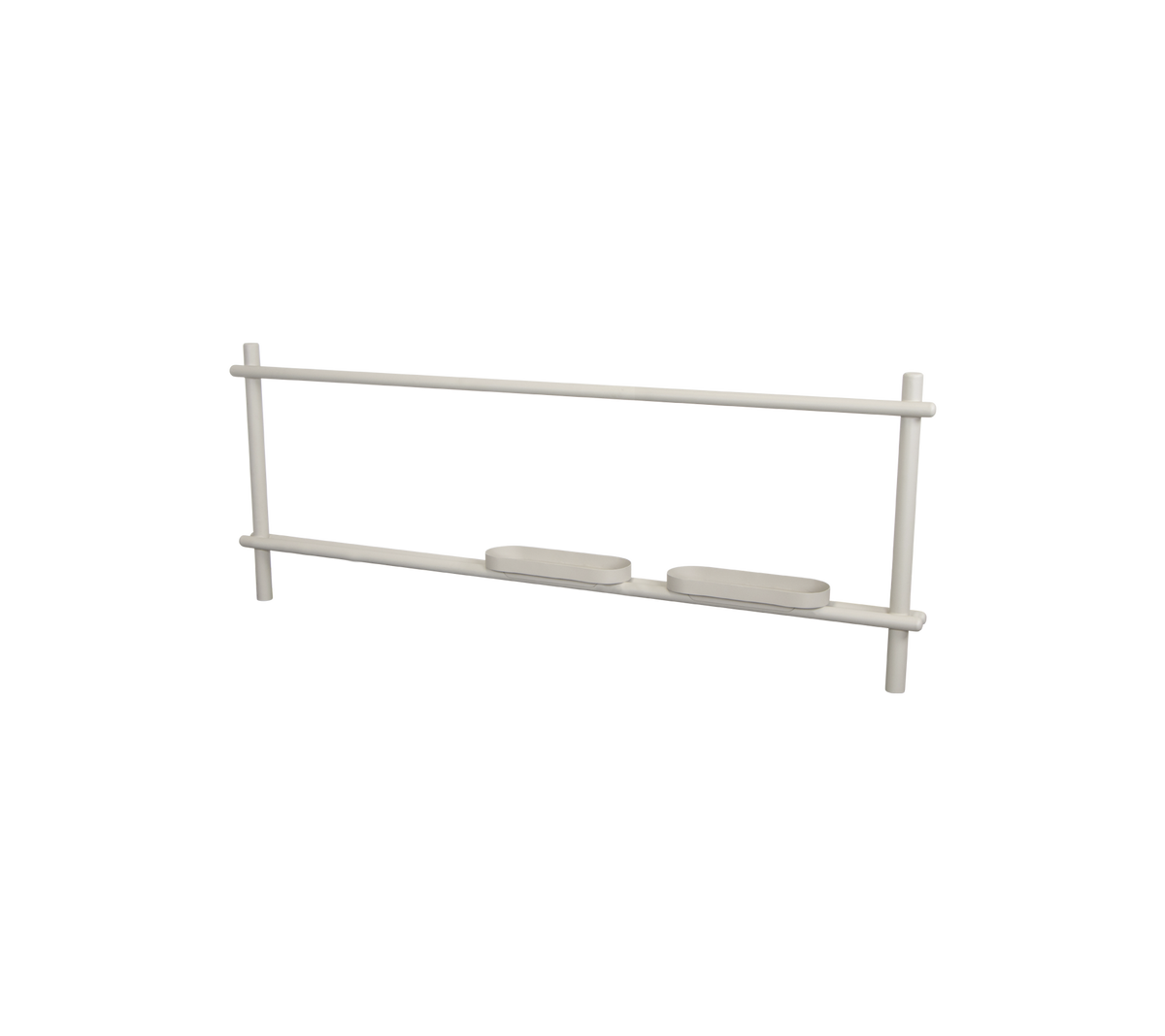 Une unité de rangement simple et rectangulaire avec deux étagères horizontales et un cadre léger, conçue pour un rangement ou une exposition efficaces.